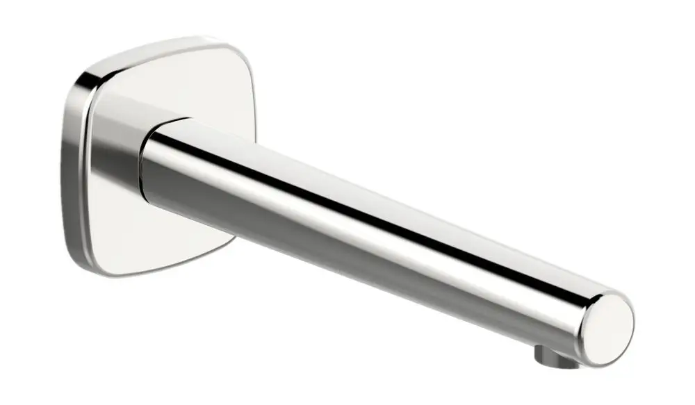 Auslauf von HANSA mit quadratischer Wandplatte und runder Auslauföffnung, silbernes Chrom-Finish, einfache Form.